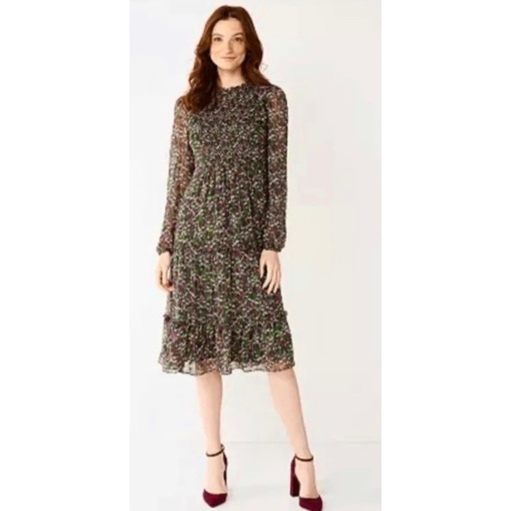 NWT!! DRAPER JAMES RSVP Green Floral Smocked Dress Midi Holidays Party X-Small